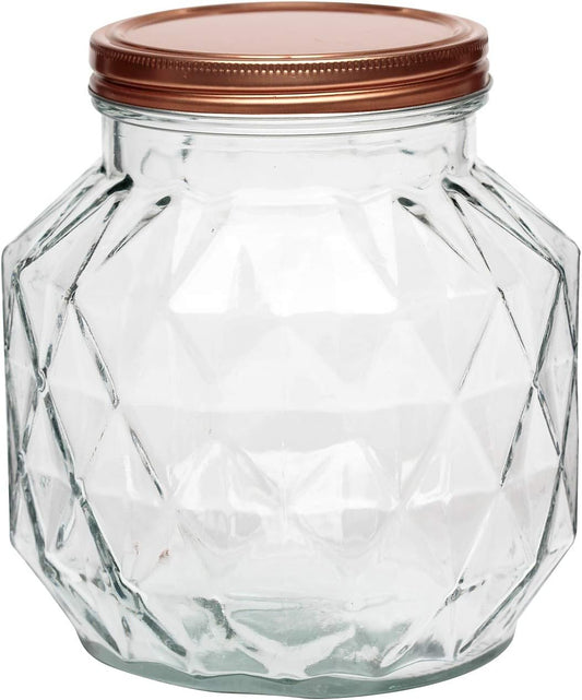 Medium Glass Canister with Metal Twist Top Lid | Decorative Kitchen Jar with Geometric Design | 72 oz Food Storage Container