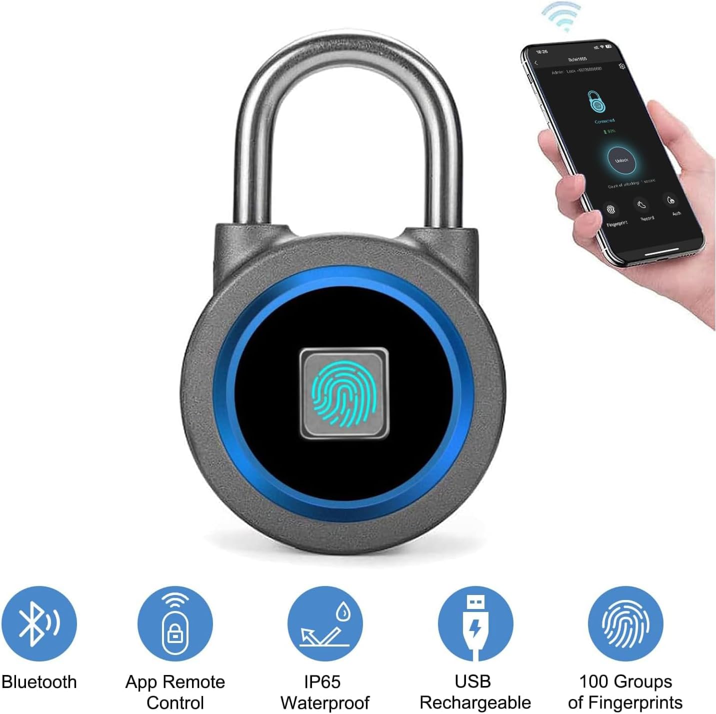MEGAFEIS Smart Fingerprint Padlock with Bluetooth, Keyless Biometric Entry, Water Resistant - Ideal for Gym, Sports, Bike, School, Fence, Storage - Blue - WildKart