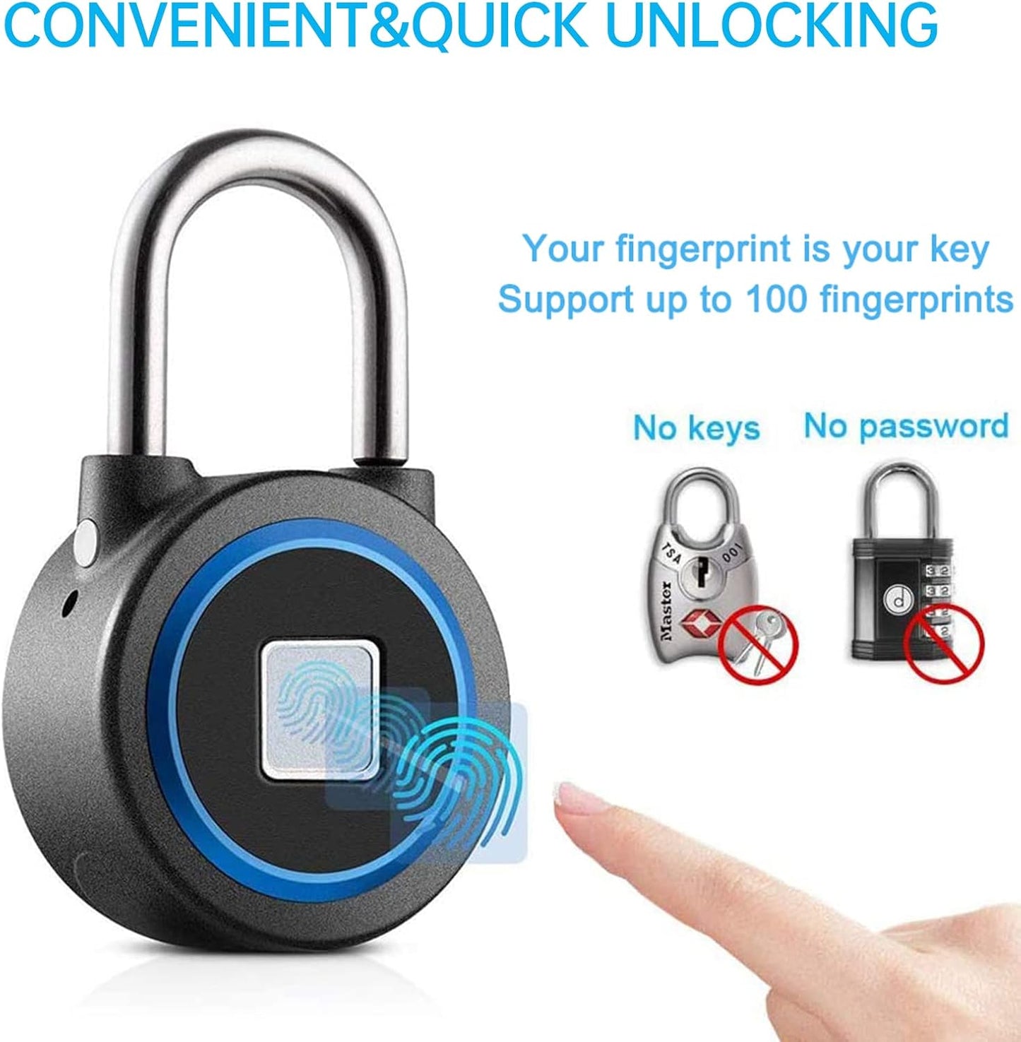 MEGAFEIS Smart Fingerprint Padlock with Bluetooth, Keyless Biometric Entry, Water Resistant - Ideal for Gym, Sports, Bike, School, Fence, Storage - Blue - WildKart