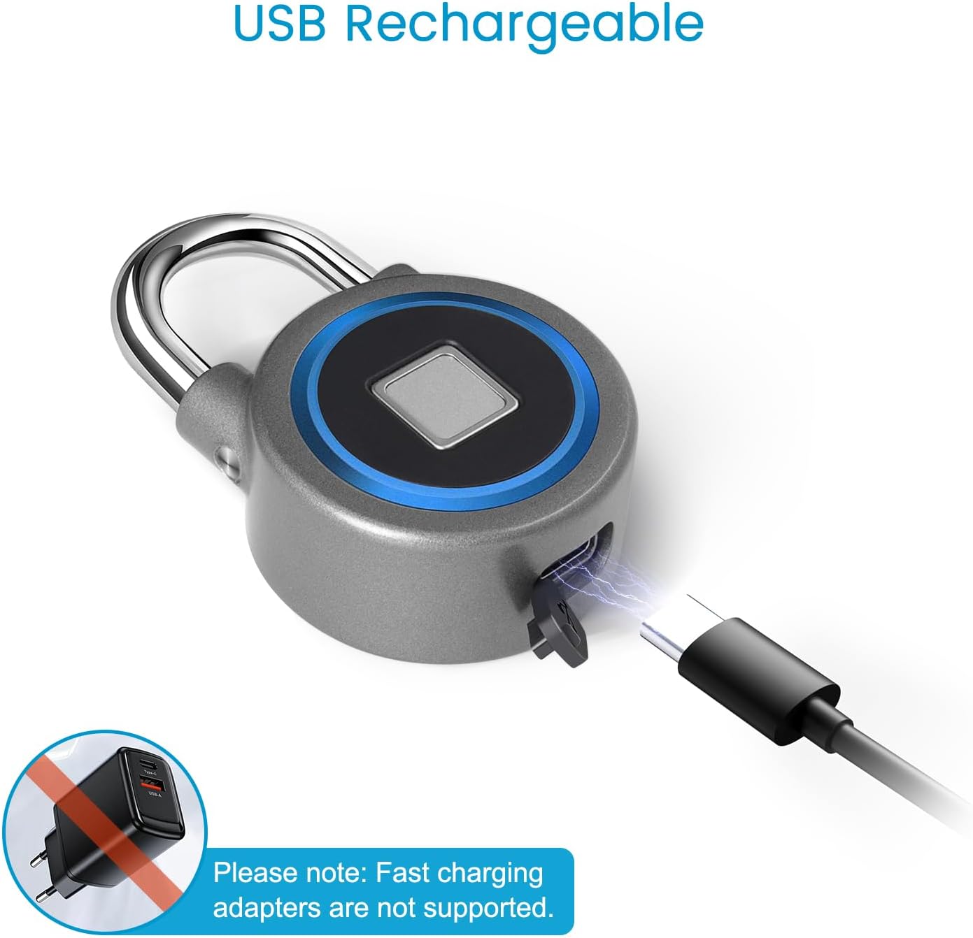 MEGAFEIS Smart Fingerprint Padlock with Bluetooth, Keyless Biometric Entry, Water Resistant - Ideal for Gym, Sports, Bike, School, Fence, Storage - Blue - WildKart