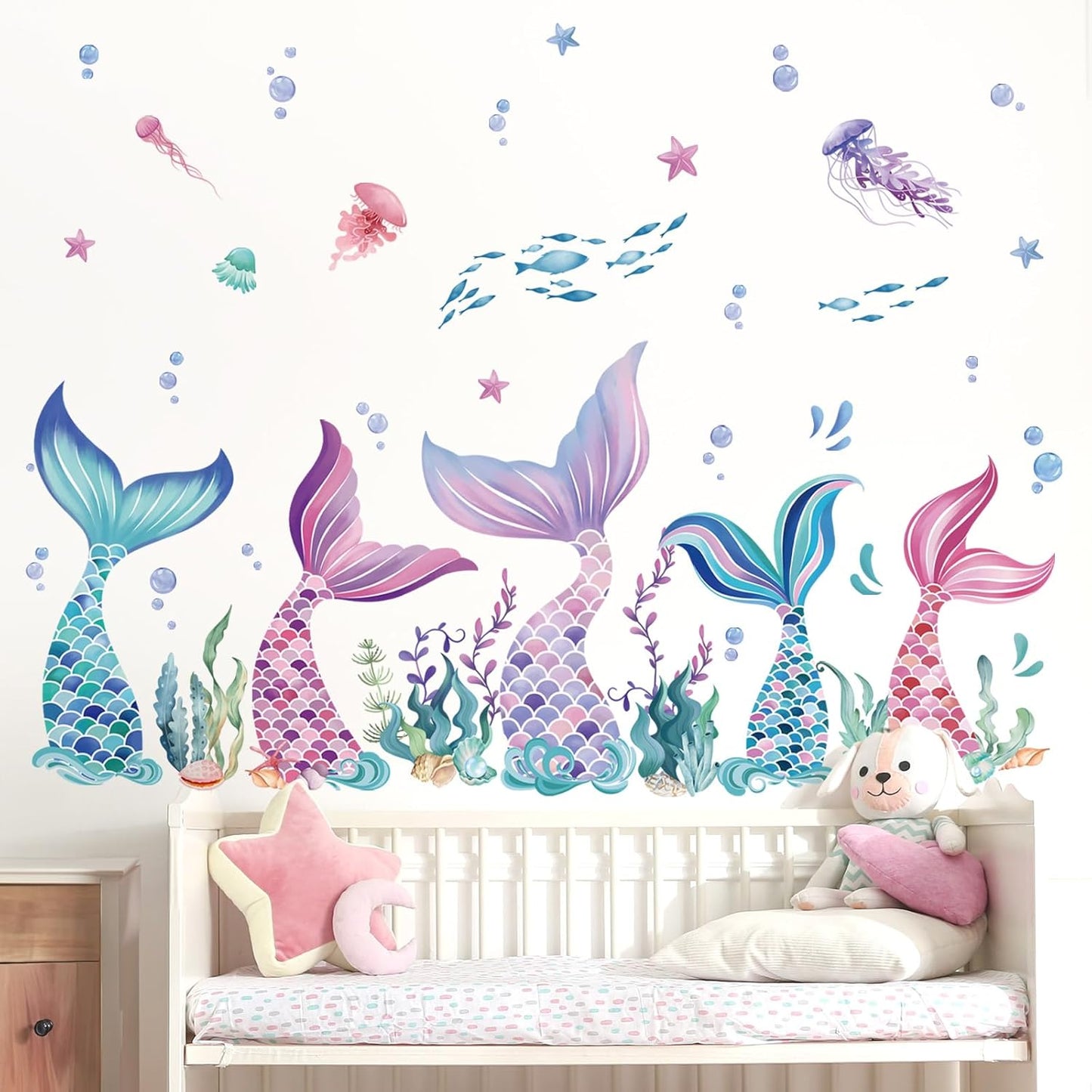 Mermaid Tail Under the Sea Wall Stickers - Peel and Stick Decals for Baby Nursery, Girls Bedroom, Bathroom