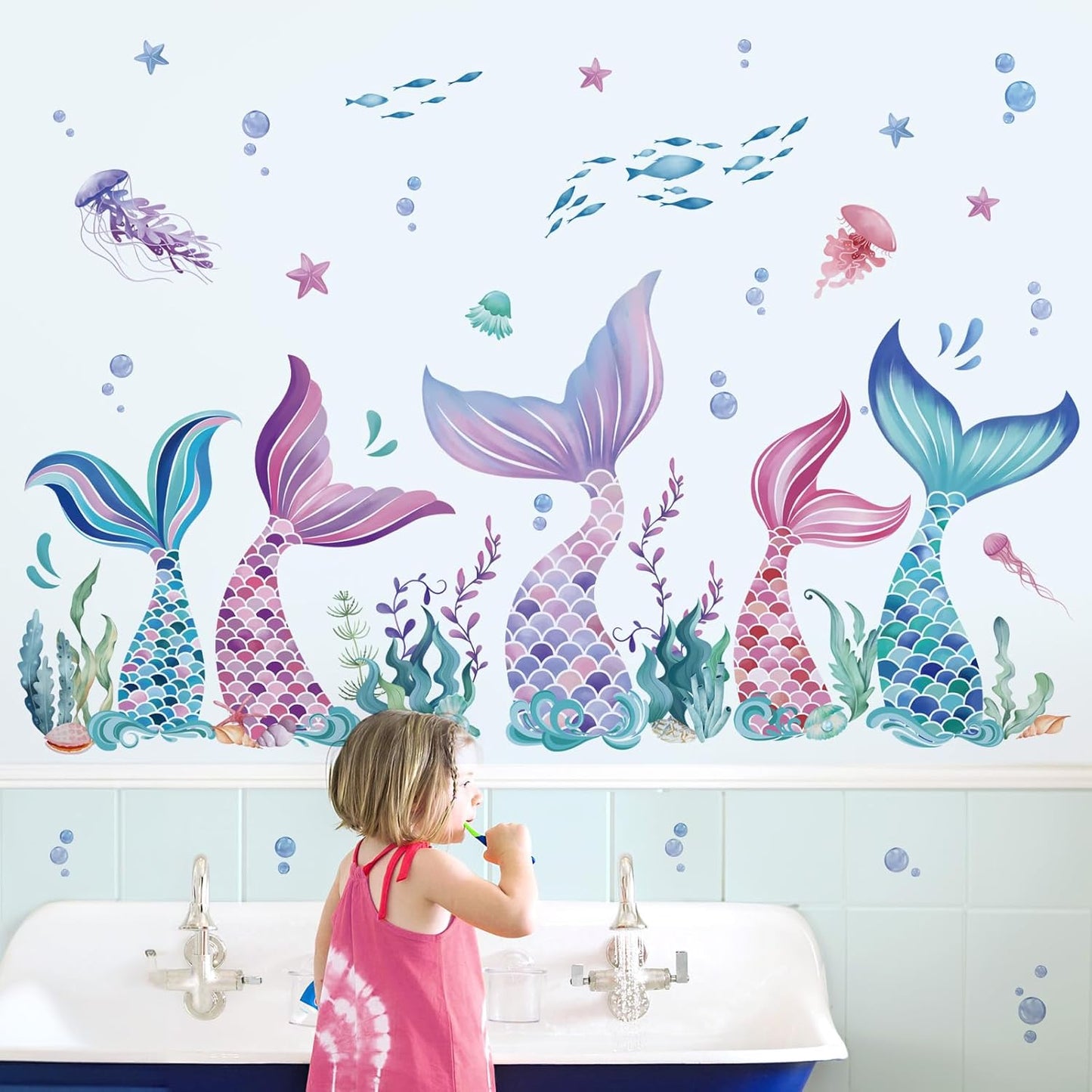 Mermaid Tail Under the Sea Wall Stickers - Peel and Stick Decals for Baby Nursery, Girls Bedroom, Bathroom