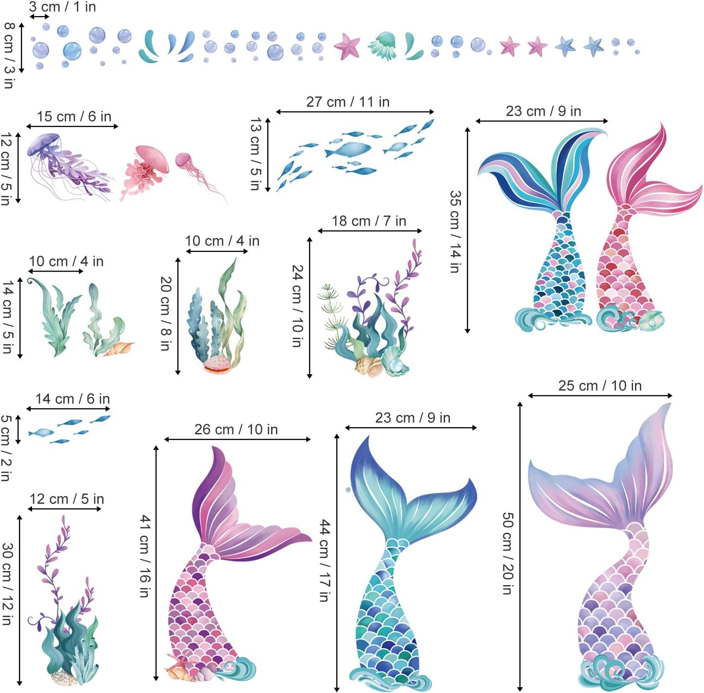 Mermaid Tail Under the Sea Wall Stickers - Peel and Stick Decals for Baby Nursery, Girls Bedroom, Bathroom