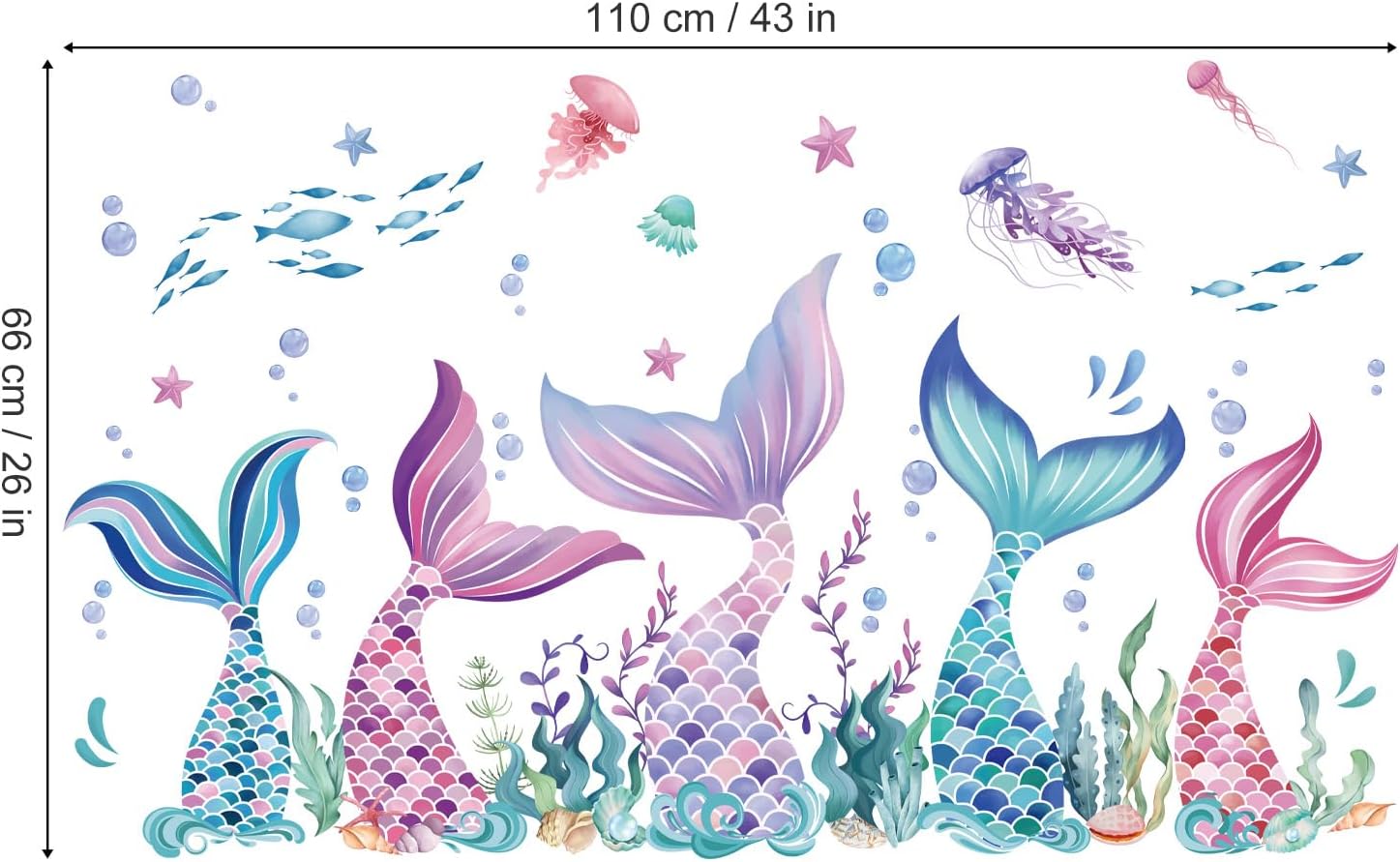 Mermaid Tail Under the Sea Wall Stickers - Peel and Stick Decals for Baby Nursery, Girls Bedroom, Bathroom