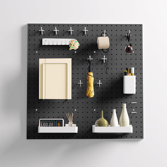Metal Pegboard Combination Kit for Wall Organization - 4 Pegboards & 17 Accessories - Modular Hanging System for Crafts & Ornaments - 24" x 24" Black Board with Mounting Hardware
