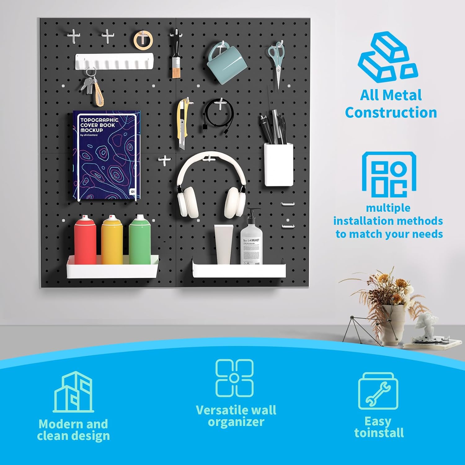 Metal Pegboard Combination Kit for Wall Organization - 4 Pegboards & 17 Accessories - Modular Hanging System for Crafts & Ornaments - 24" x 24" Black Board with Mounting Hardware