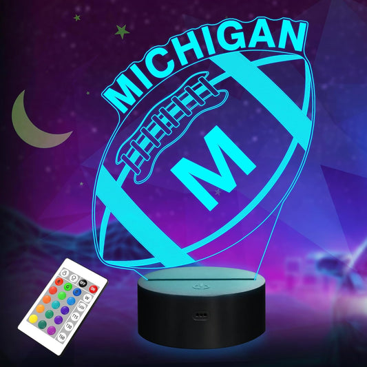 Michigan Football 3D Night Light - 16 Color Changing Lamp for Kids Room - Remote Control Football Gift for Boys - Lightzz 3D Illusion Ball Decor