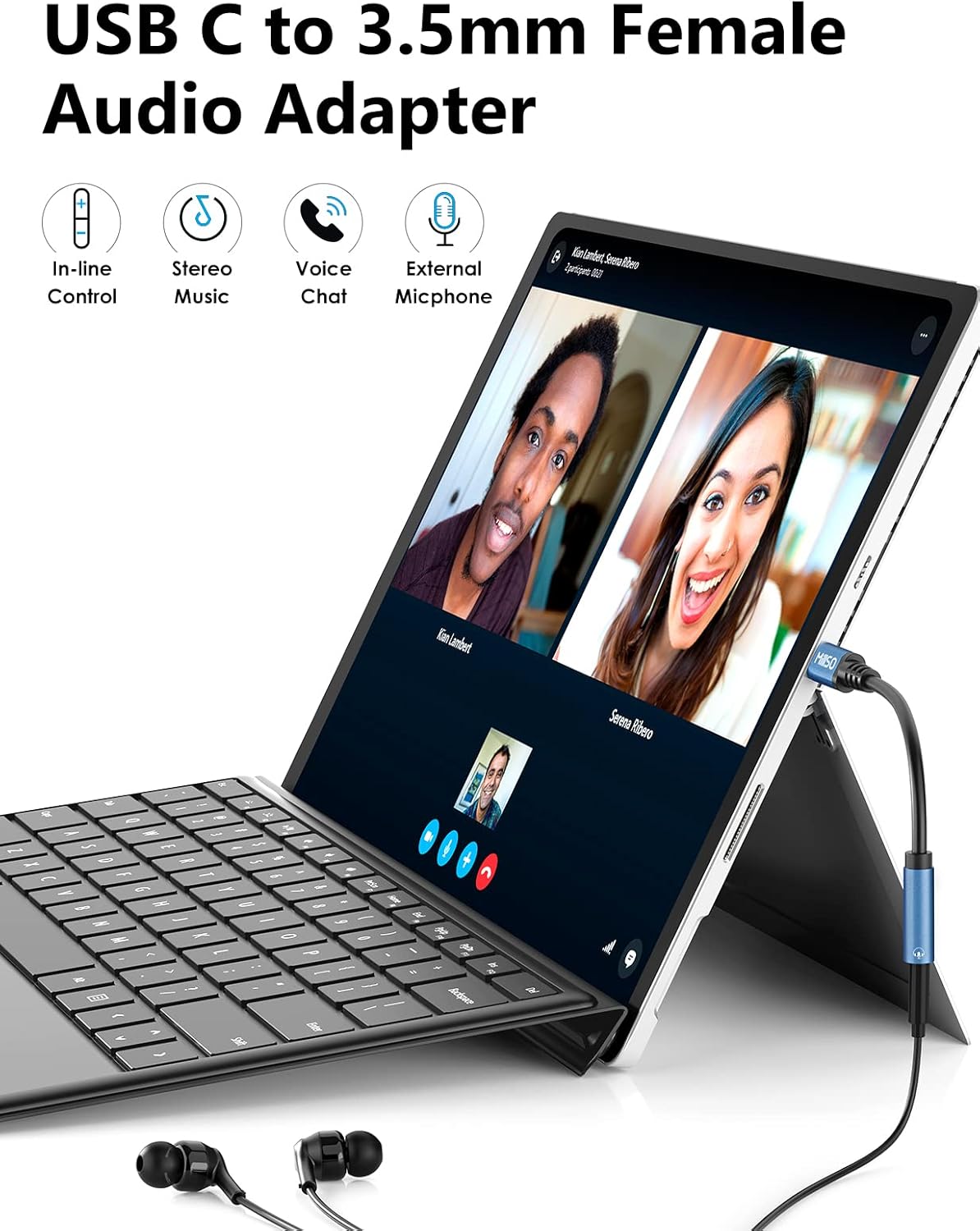 MillSO USB C to 3.5mm Headphone Jack Adapter with Upgraded DAC Chip - Sapphire Blue - TRRS to USB C Aux Audio Dongle for Headphone, Speaker, Car Stereo - 8 inch Cable