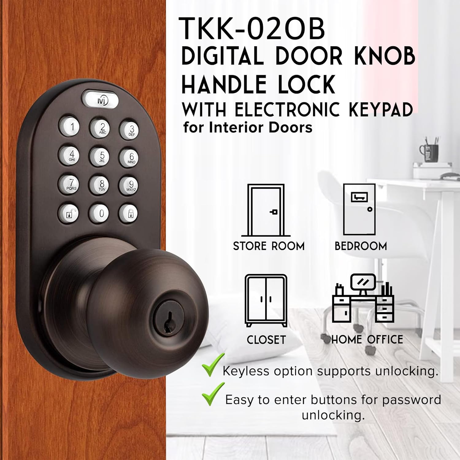 MiLocks TKK-02OB Electronic Keypad Door Knob Lock in Oil Rubbed Bronze - Keyless Entry Security Solution