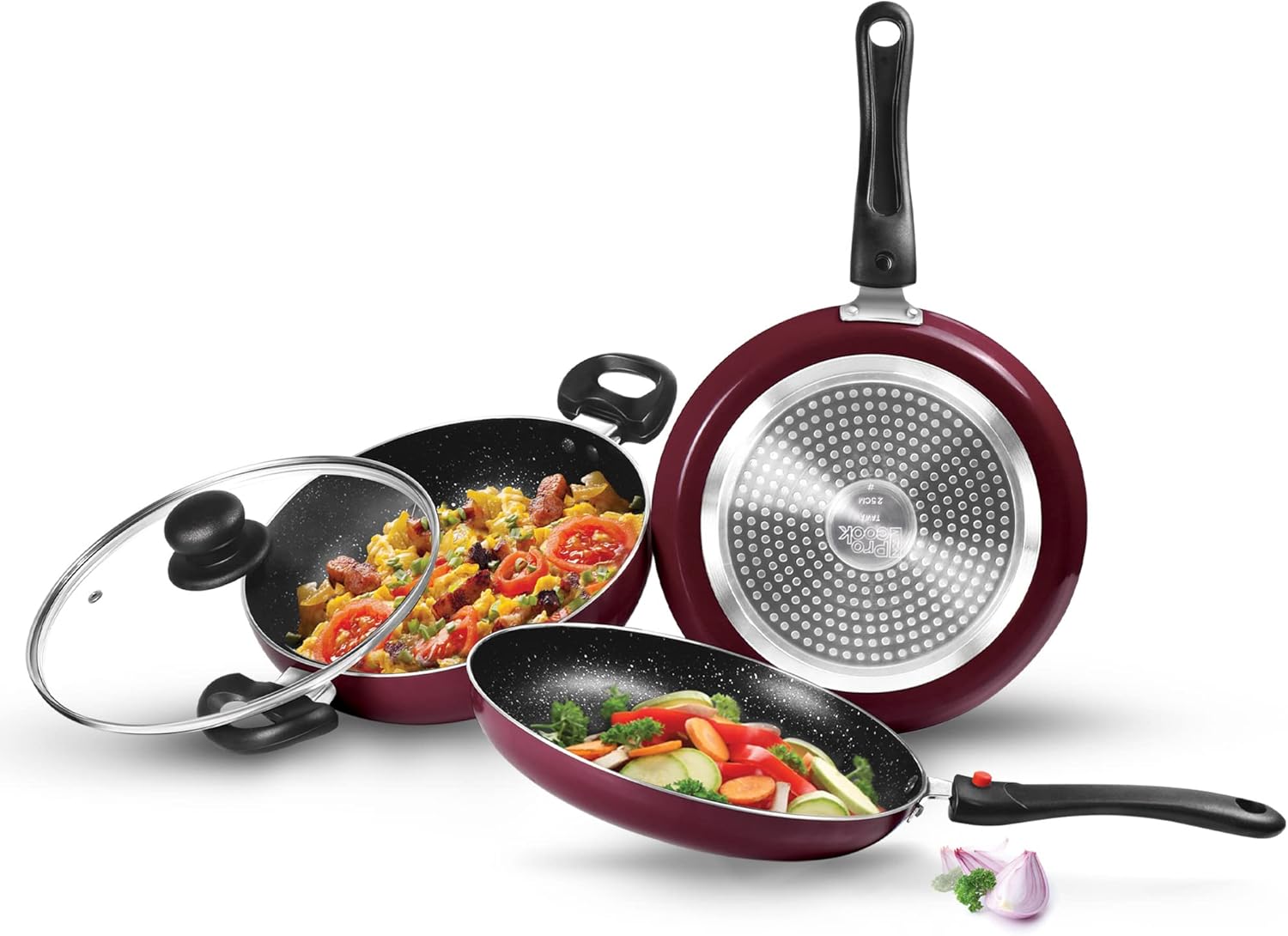 MILTON Pro cook Frying Pan Set with Lid, Nonstick Indian Cookware, Set of 3 - Fry Pan, Kadhai, Tawa - Induction Compatible, Aluminum, Oven & Dishwasher Safe
