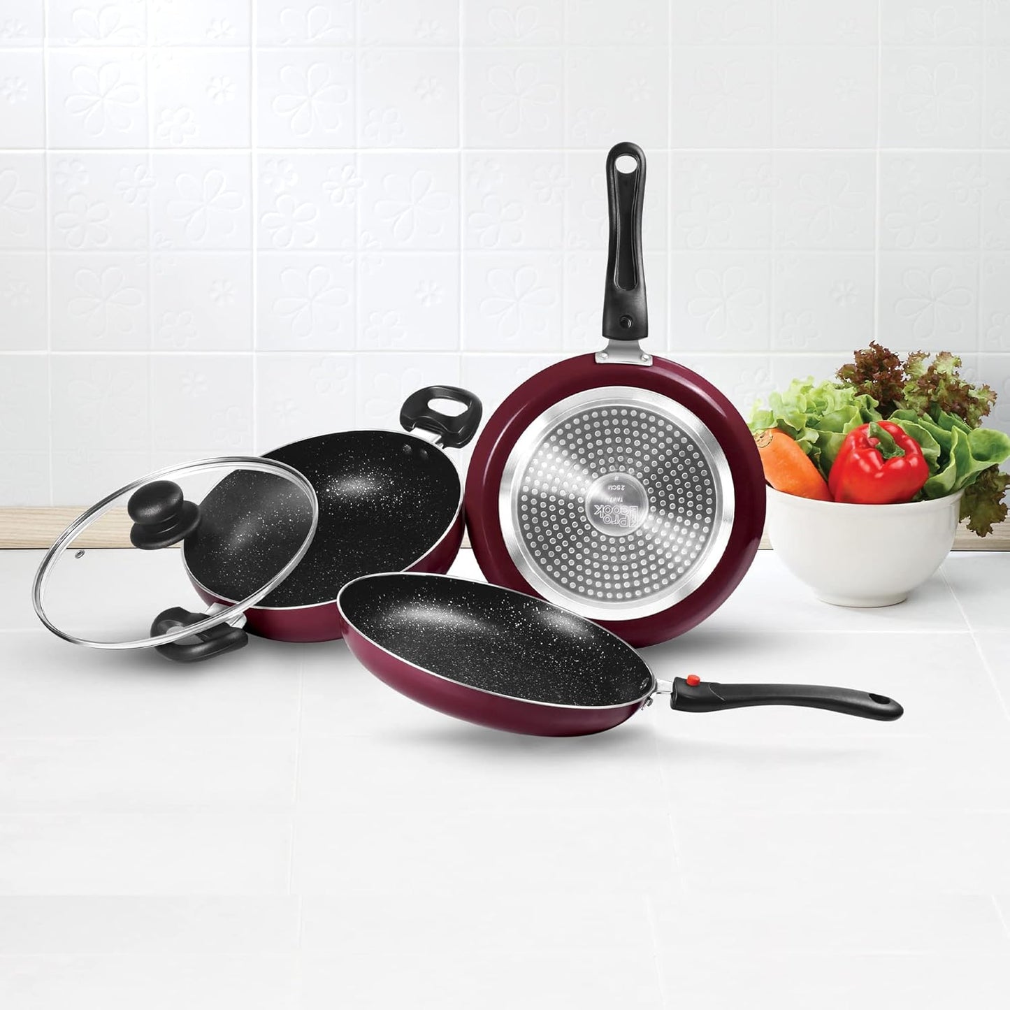 MILTON Pro cook Frying Pan Set with Lid, Nonstick Indian Cookware, Set of 3 - Fry Pan, Kadhai, Tawa - Induction Compatible, Aluminum, Oven & Dishwasher Safe
