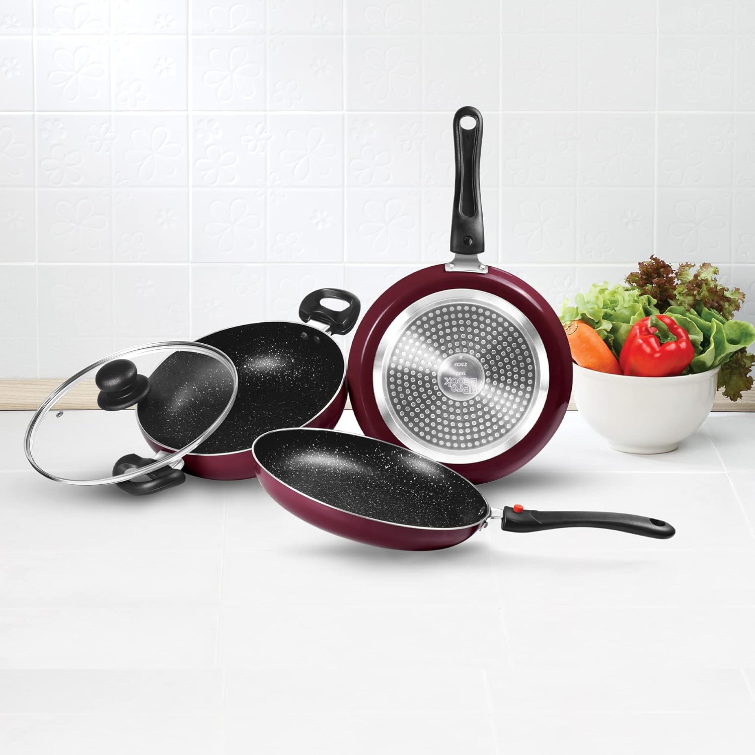 MILTON Pro cook Frying Pan Set with Lid, Nonstick Indian Cookware, Set of 3 - Fry Pan, Kadhai, Tawa - Induction Compatible, Aluminum, Oven & Dishwasher Safe