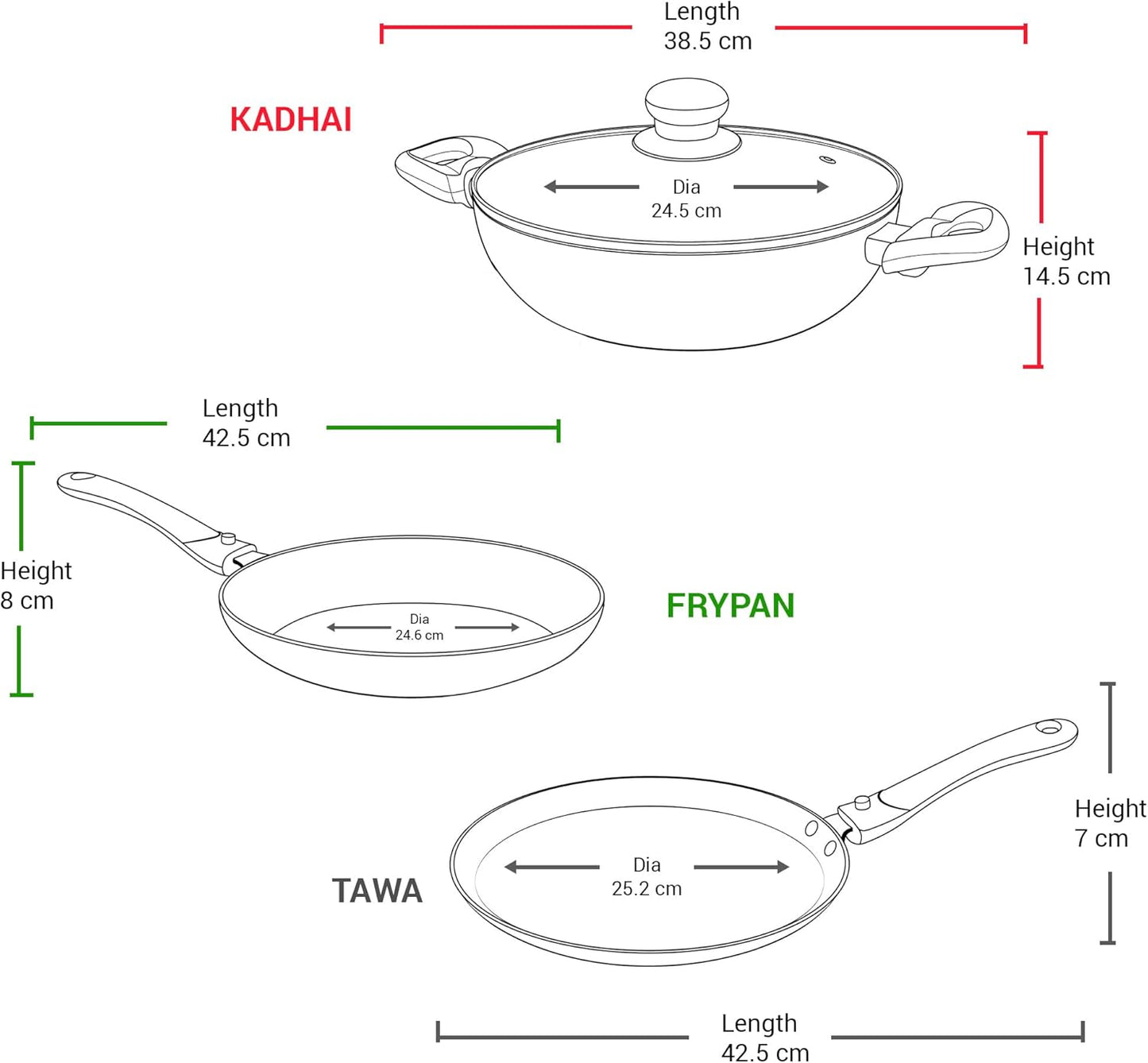 MILTON Pro cook Frying Pan Set with Lid, Nonstick Indian Cookware, Set of 3 - Fry Pan, Kadhai, Tawa - Induction Compatible, Aluminum, Oven & Dishwasher Safe