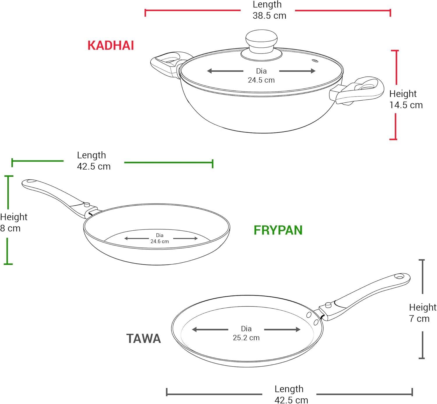 MILTON Pro cook Frying Pan Set with Lid, Nonstick Indian Cookware, Set of 3 - Fry Pan, Kadhai, Tawa - Induction Compatible, Aluminum, Oven & Dishwasher Safe