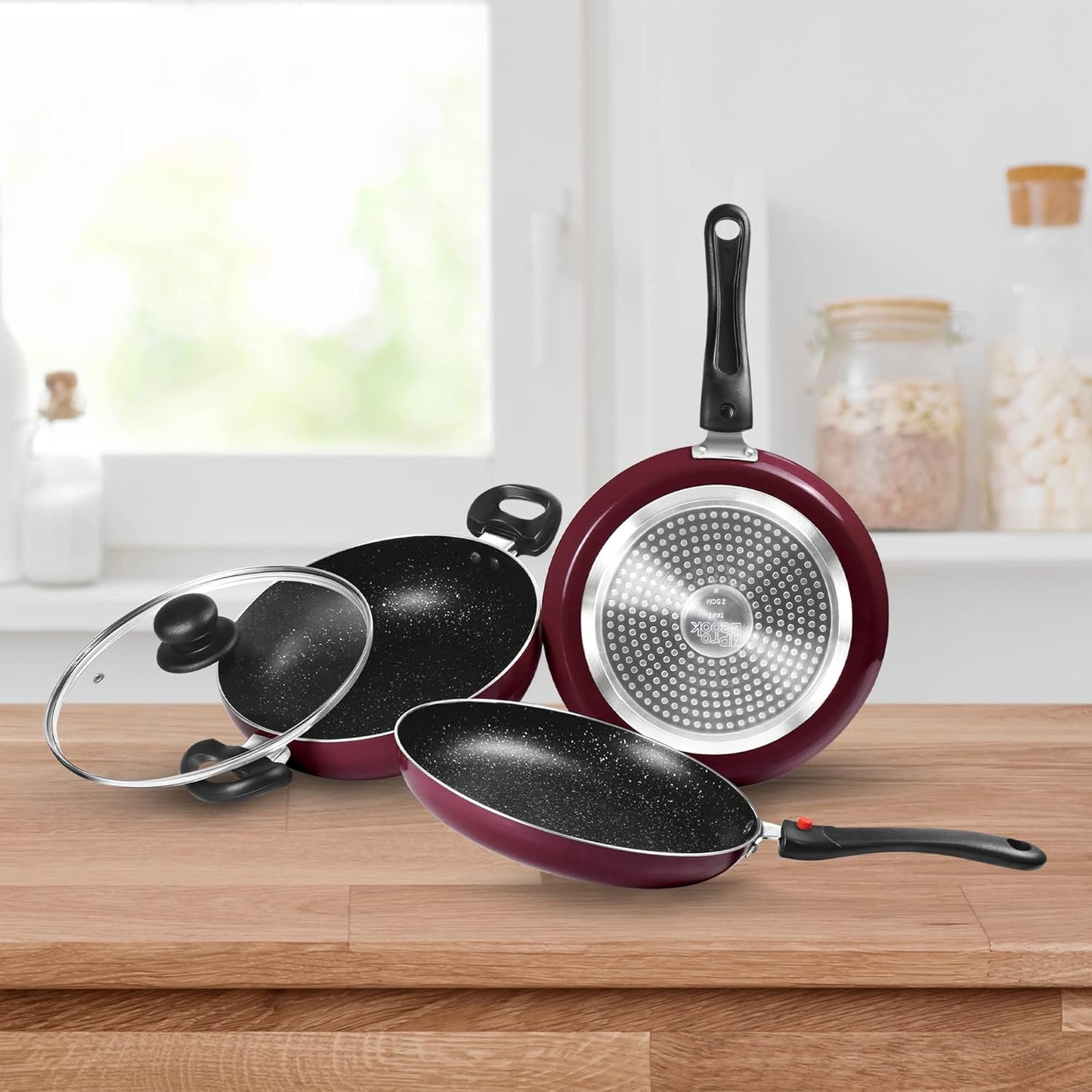 MILTON Pro cook Frying Pan Set with Lid, Nonstick Indian Cookware, Set of 3 - Fry Pan, Kadhai, Tawa - Induction Compatible, Aluminum, Oven & Dishwasher Safe