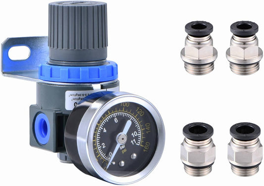 Mini Air Pressure Regulator with Gauge for Air Compressor or Tools - 1/4 Inch NPT Thread, 0-145 PSI