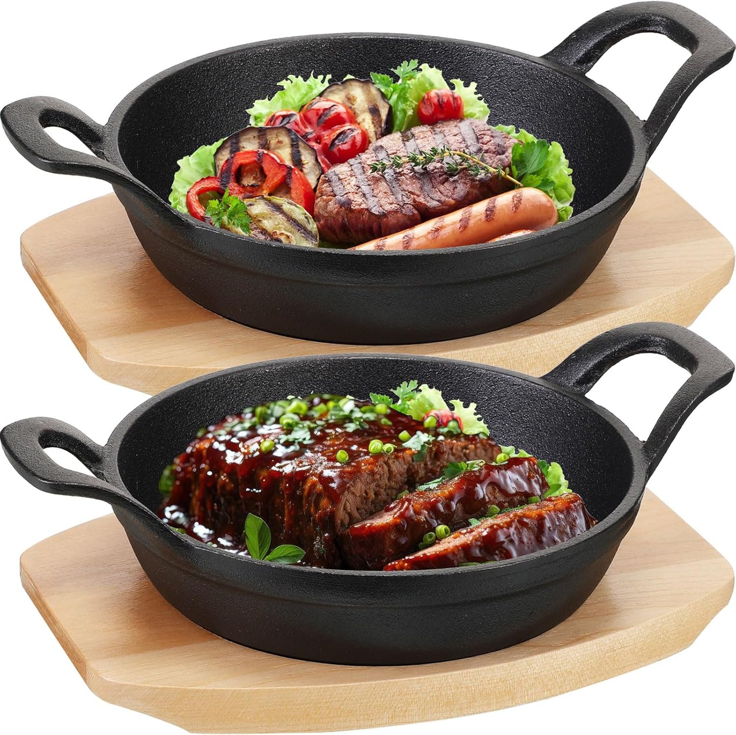 Mini Round Cast Iron Skillets Set - Small 6.3 Inch and 4.9 Inch Fajita Plate with Wooden Base - Perfect for Kitchen, Restaurant, BBQ - FoldTier 2 Piece Set