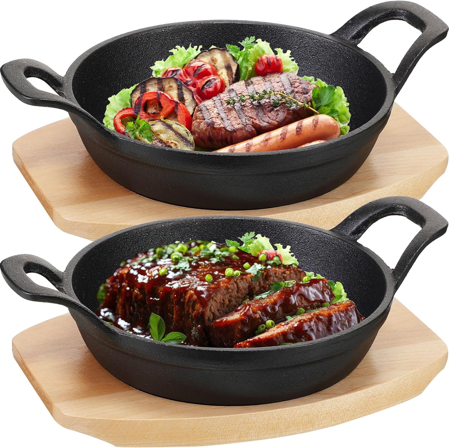 Mini Round Cast Iron Skillets Set - Small 6.3 Inch and 4.9 Inch Fajita Plate with Wooden Base - Perfect for Kitchen, Restaurant, BBQ - FoldTier 2 Piece Set