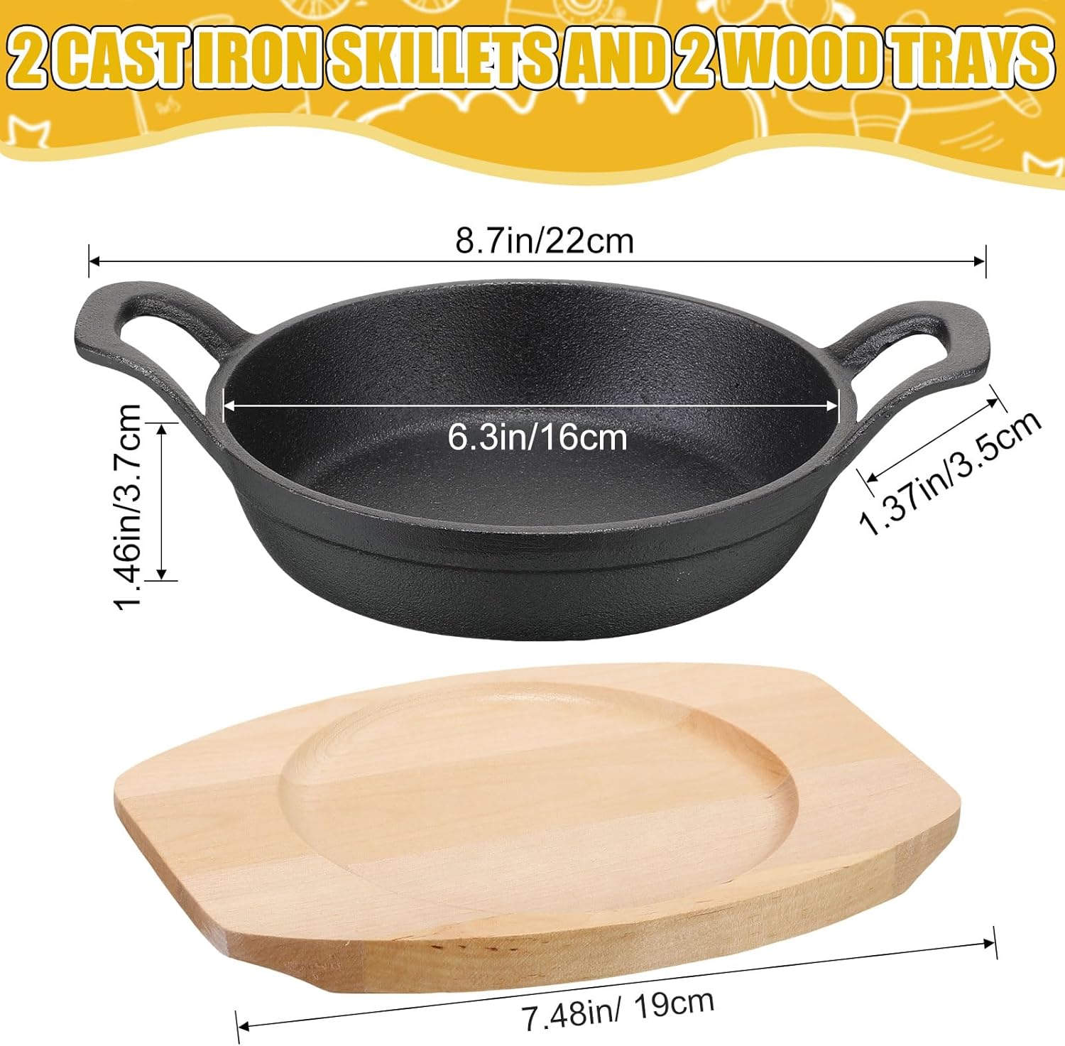 Mini Round Cast Iron Skillets Set - Small 6.3 Inch and 4.9 Inch Fajita Plate with Wooden Base - Perfect for Kitchen, Restaurant, BBQ - FoldTier 2 Piece Set