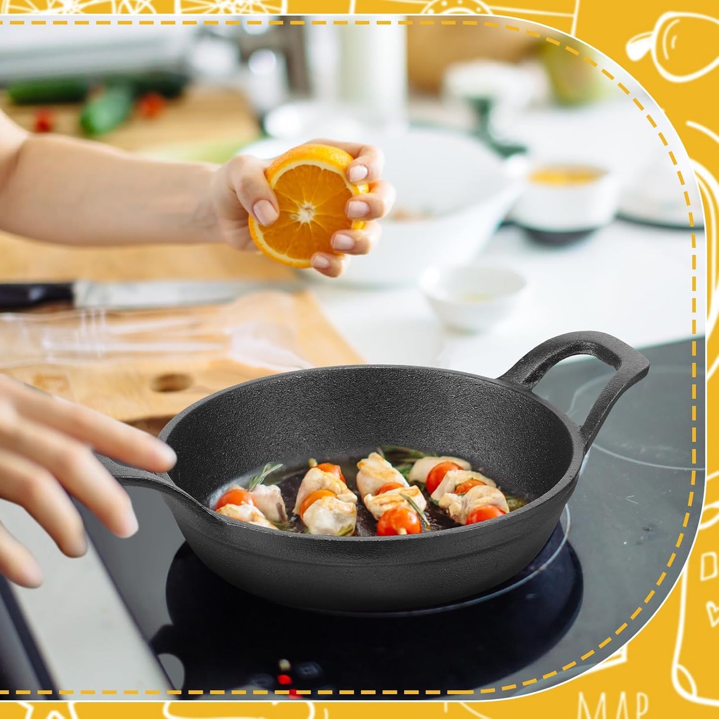 Mini Round Cast Iron Skillets Set - Small 6.3 Inch and 4.9 Inch Fajita Plate with Wooden Base - Perfect for Kitchen, Restaurant, BBQ - FoldTier 2 Piece Set