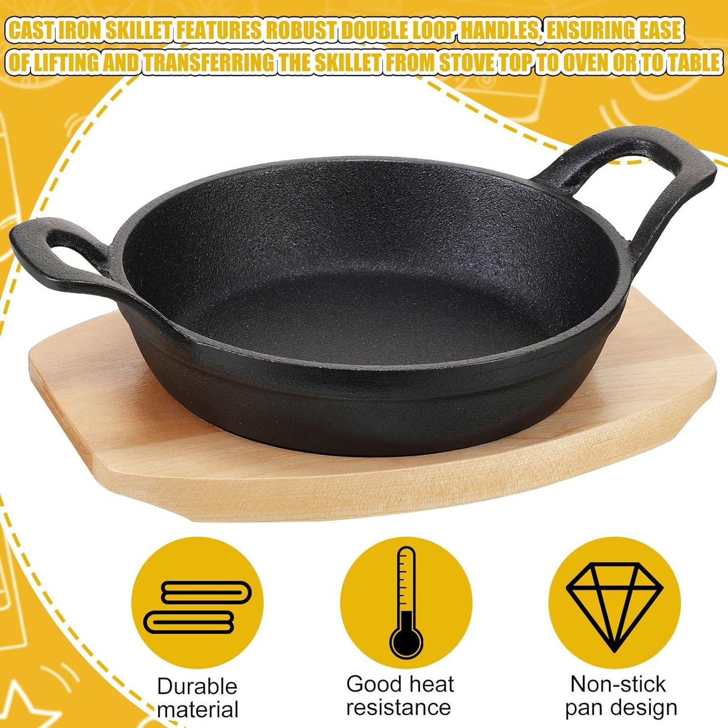 Mini Round Cast Iron Skillets Set - Small 6.3 Inch and 4.9 Inch Fajita Plate with Wooden Base - Perfect for Kitchen, Restaurant, BBQ - FoldTier 2 Piece Set