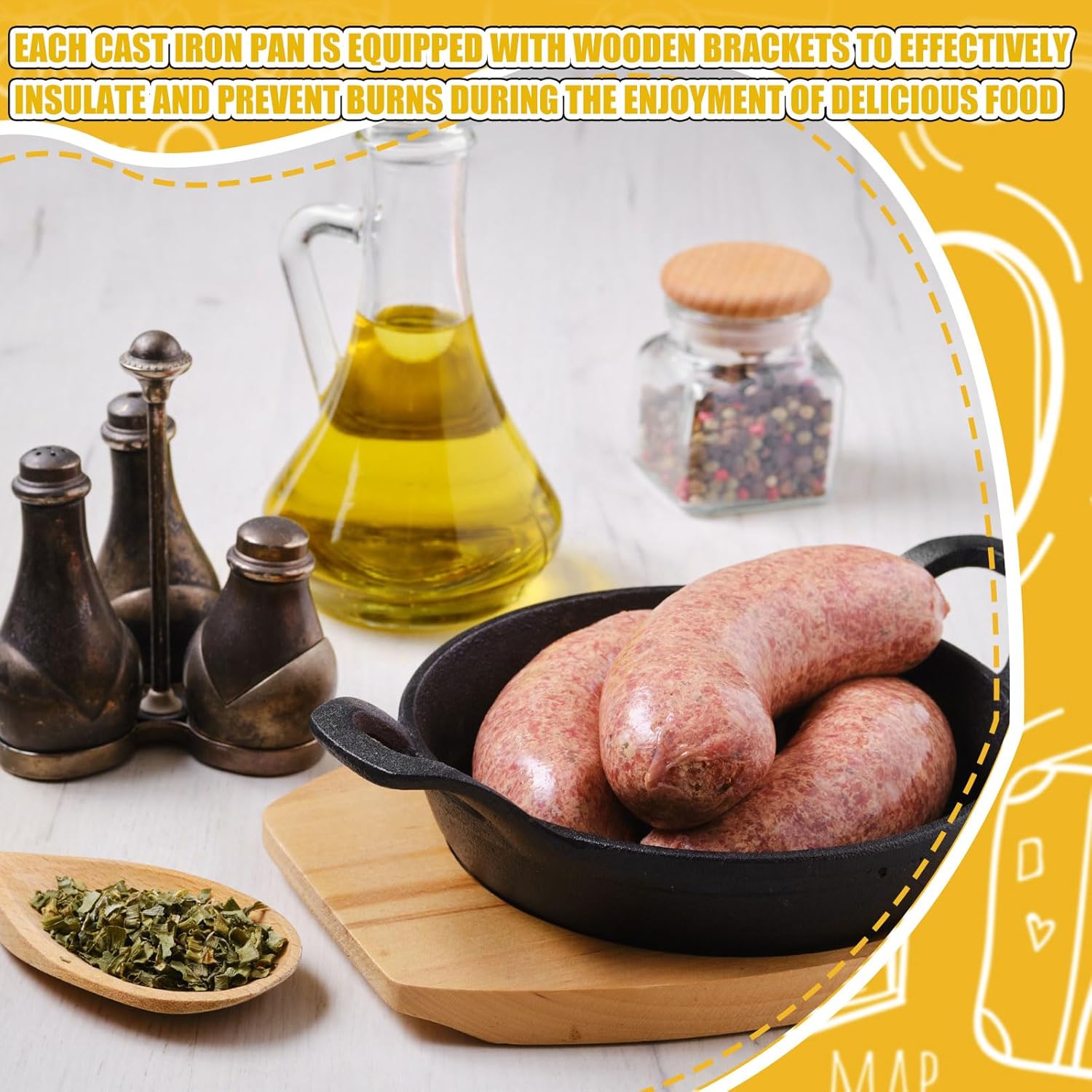 Mini Round Cast Iron Skillets Set - Small 6.3 Inch and 4.9 Inch Fajita Plate with Wooden Base - Perfect for Kitchen, Restaurant, BBQ - FoldTier 2 Piece Set