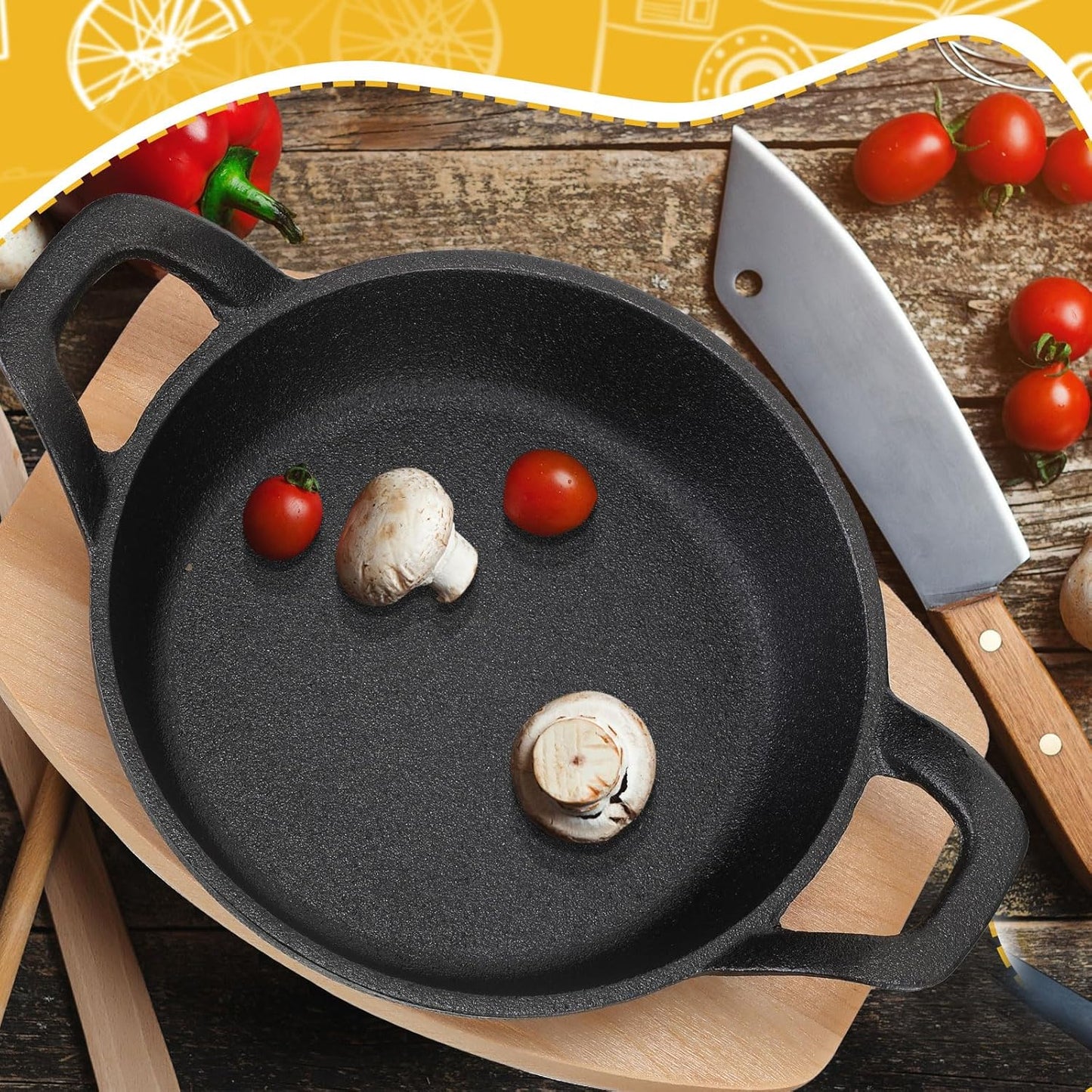 Mini Round Cast Iron Skillets Set - Small 6.3 Inch and 4.9 Inch Fajita Plate with Wooden Base - Perfect for Kitchen, Restaurant, BBQ - FoldTier 2 Piece Set