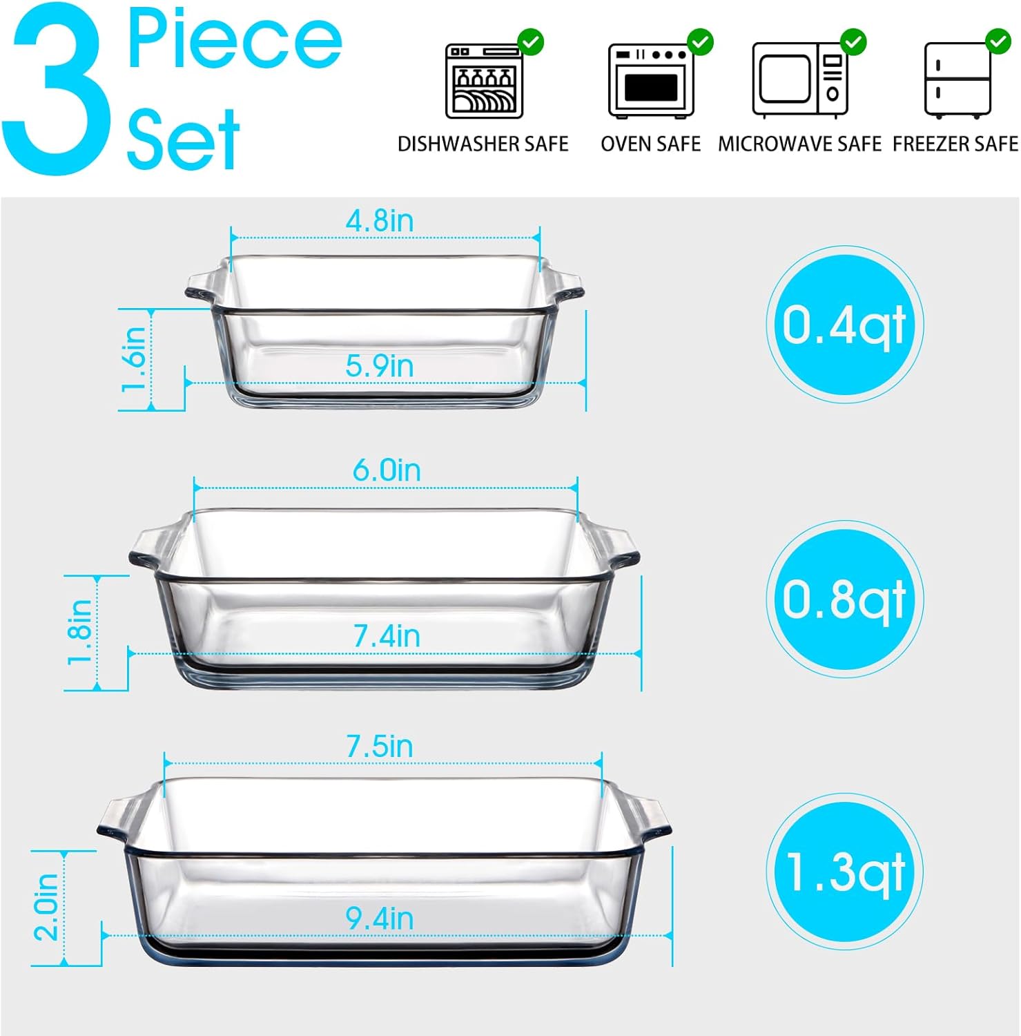 Mini Square Glass Baking Dish Set - Small Casserole Dishes for Oven (10oz, 20oz, 37oz) - Set of 3 Sizes (4.5in, 6in, 7.5in)