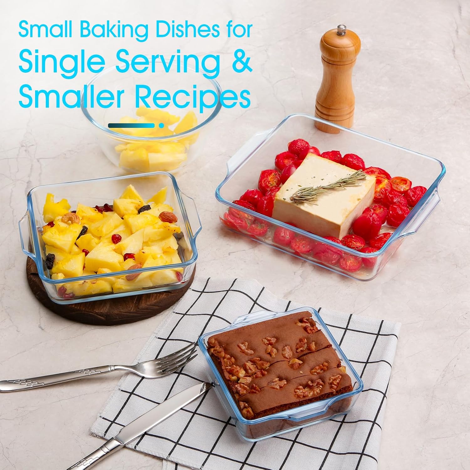 Mini Square Glass Baking Dish Set - Small Casserole Dishes for Oven (10oz, 20oz, 37oz) - Set of 3 Sizes (4.5in, 6in, 7.5in)