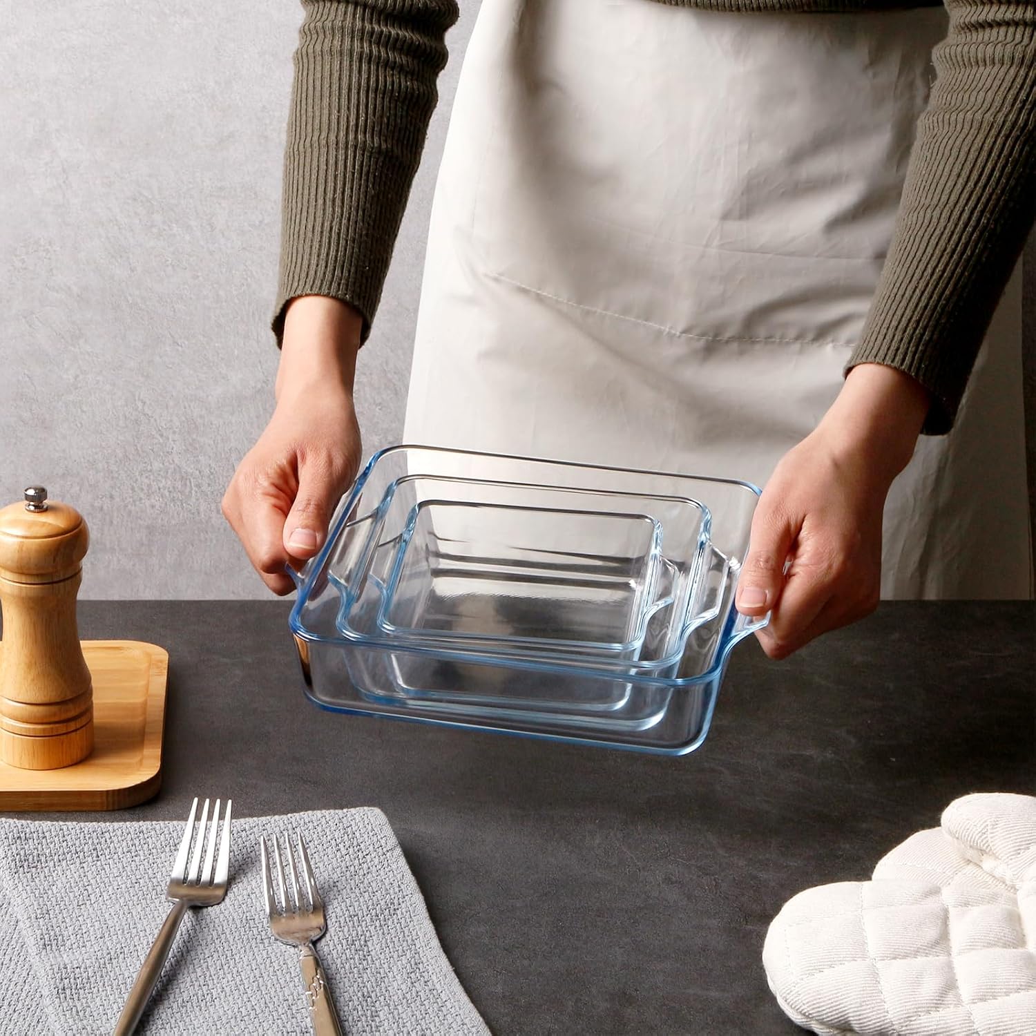 Mini Square Glass Baking Dish Set - Small Casserole Dishes for Oven (10oz, 20oz, 37oz) - Set of 3 Sizes (4.5in, 6in, 7.5in)