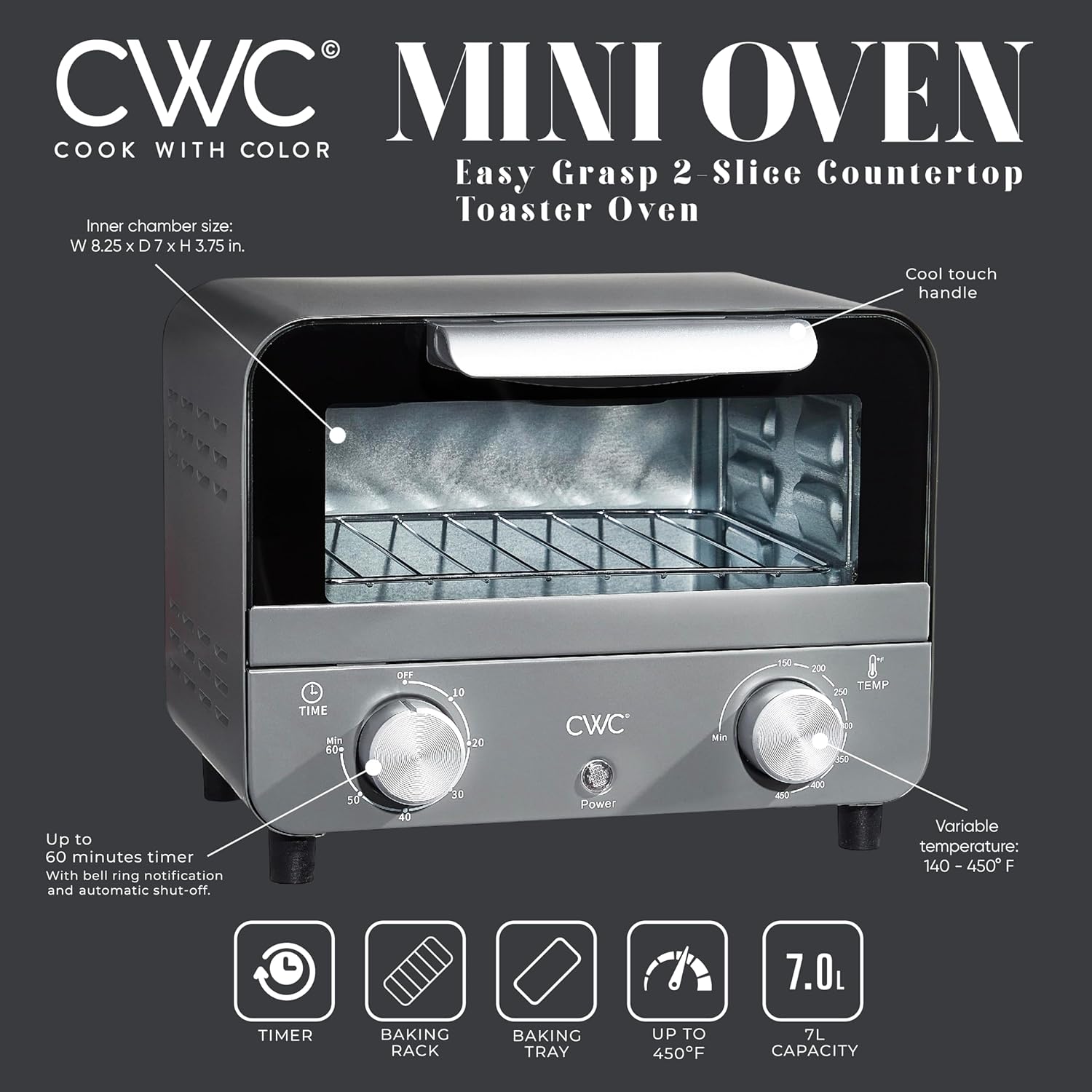 Mini Toaster Oven: 600W Power, Precision Timer, Auto Shutoff, Grey - Cook Culinary Delights Up To 450 Degrees
