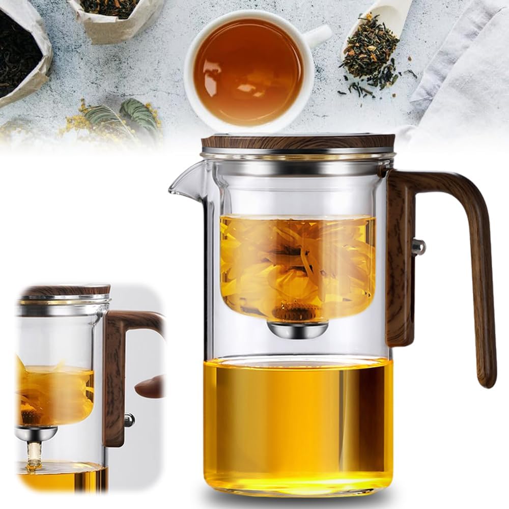 Mintiml Magic Tea Pot with Wooden Handle, Water Separation Glass Teapot, Press Control for Loose Tea/Coffee - Brown, 700 ML