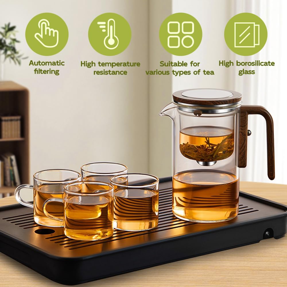 Mintiml Magic Tea Pot with Wooden Handle, Water Separation Glass Teapot, Press Control for Loose Tea/Coffee - Brown, 700 ML