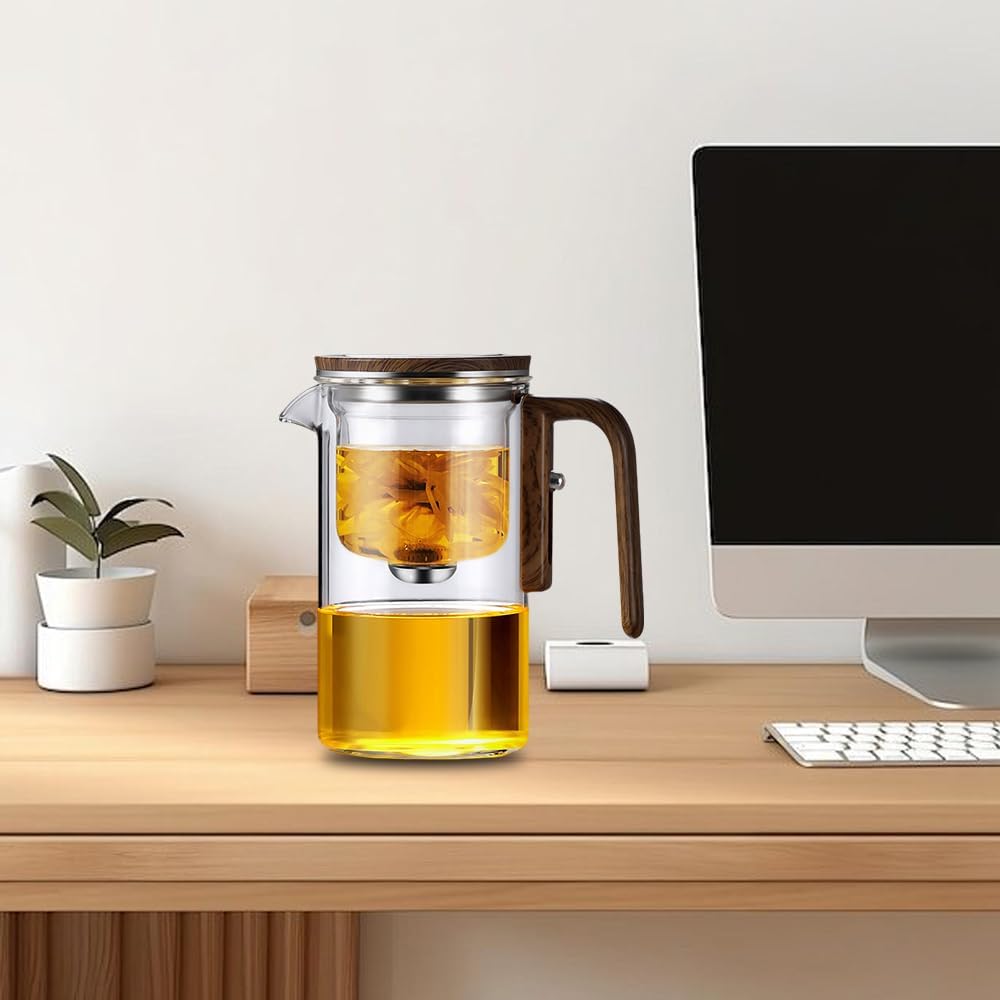 Mintiml Magic Tea Pot with Wooden Handle, Water Separation Glass Teapot, Press Control for Loose Tea/Coffee - Brown, 700 ML
