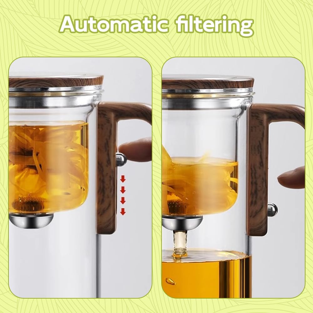 Mintiml Magic Tea Pot with Wooden Handle, Water Separation Glass Teapot, Press Control for Loose Tea/Coffee - Brown, 700 ML