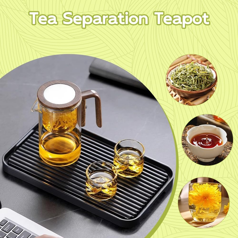 Mintiml Magic Tea Pot with Wooden Handle, Water Separation Glass Teapot, Press Control for Loose Tea/Coffee - Brown, 700 ML