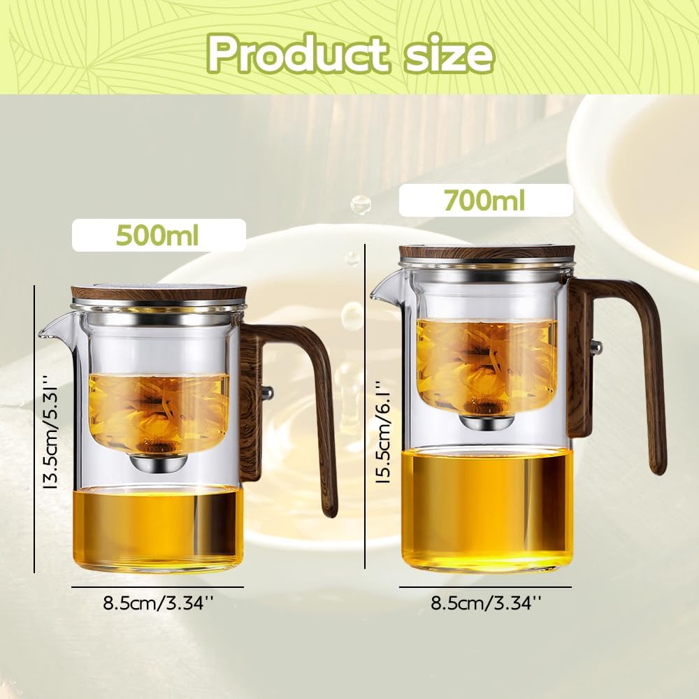Mintiml Magic Tea Pot with Wooden Handle, Water Separation Glass Teapot, Press Control for Loose Tea/Coffee - Brown, 700 ML