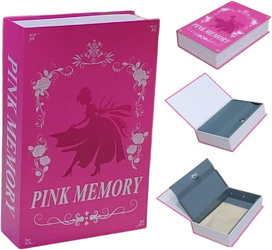 Misslanonly Book Safe with Key Lock - Hidden Secret Compartment Lock Box for Valuables, Includes Cosmetic Bag - Ideal for Home, Office, or Travel - Pink Memory