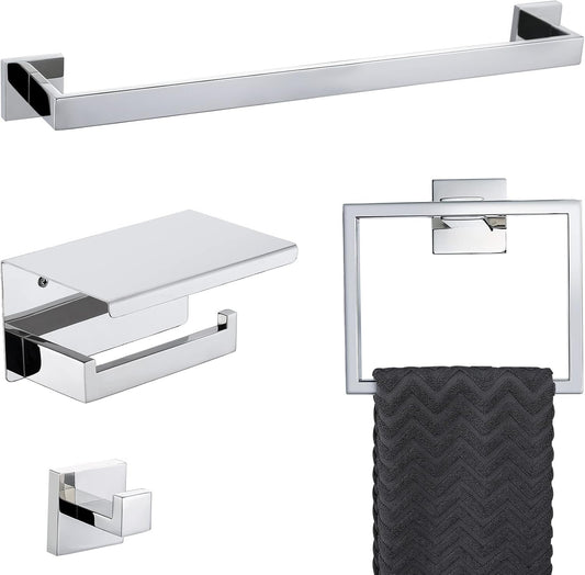 Modern 4-Piece Chrome Bathroom Hardware Set - Wall Mounted Stainless Steel Square Accessory Kit, 23.6 Inch Towel Bar Holder