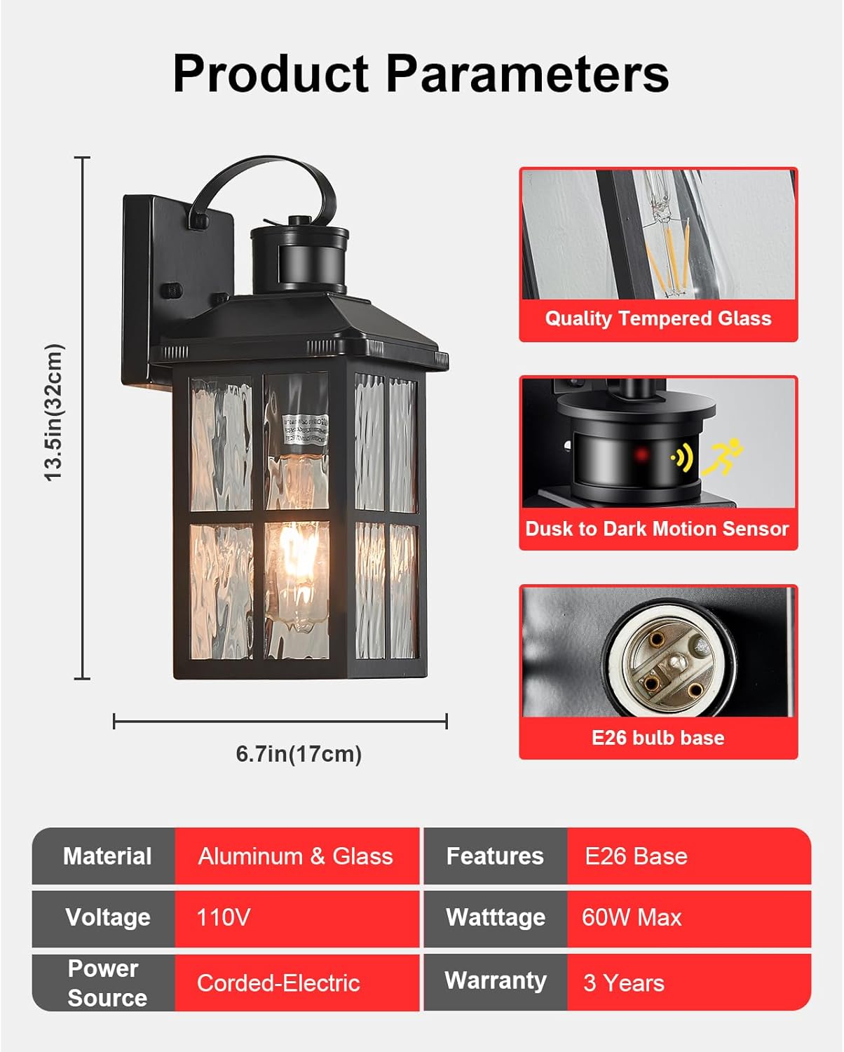 Modern Black Motion Sensor Outdoor Wall Mount Coach Lamp for House Garage Patio - Dusk to Dawn Porch Light with Exterior Lighting Fixtures
