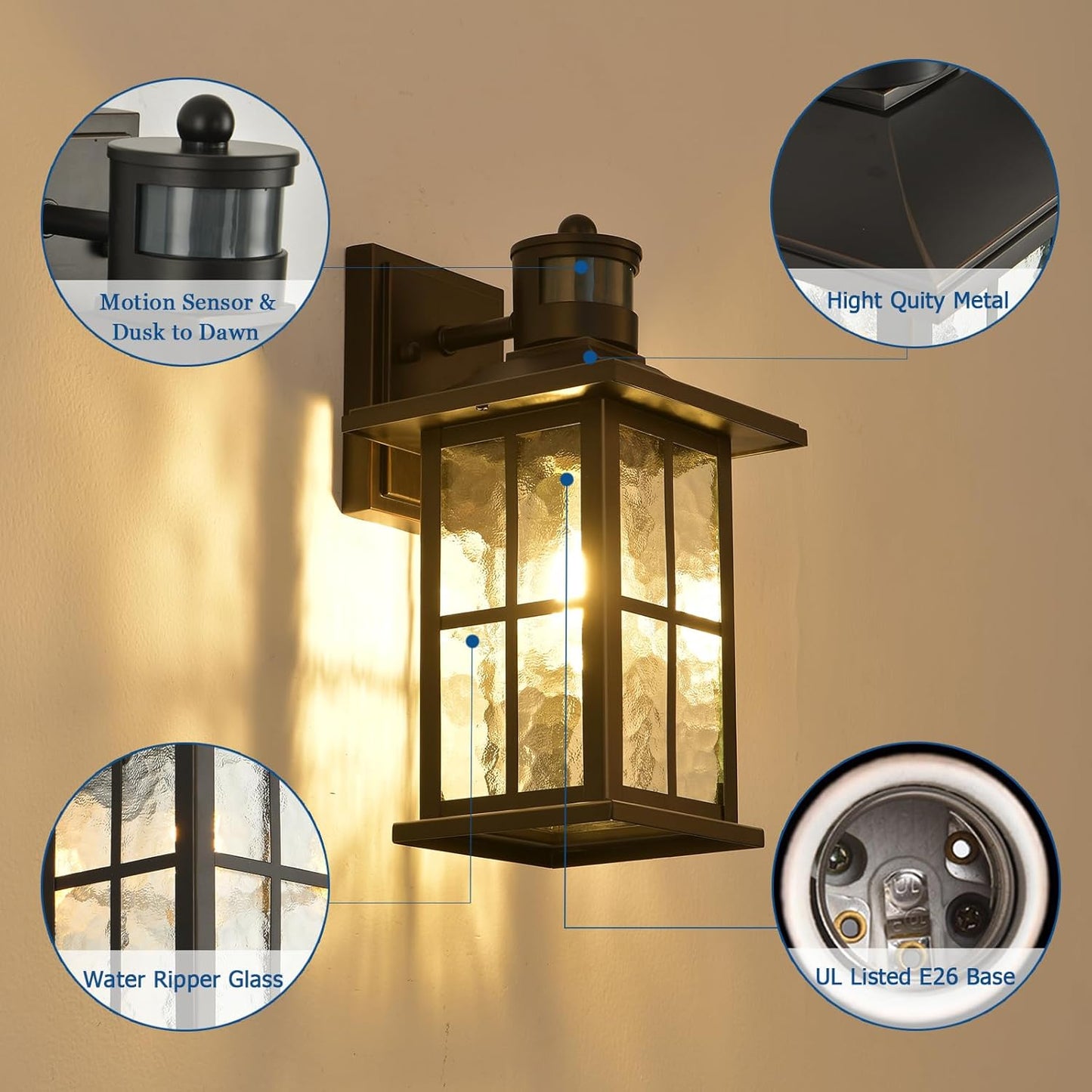 Modern Black Motion Sensor Porch Light for House Garage Patio Front Door - Dusk to Dawn Exterior Wall Lantern Sconce Lighting Fixtures - Outdoor Wall Mount Coach Lamp by FLEDAVID
