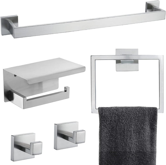 Modern Brushed Nickel Bathroom Accessories Set with Towel Bar, Ring, Coat Hook, Paper Holder & Shelf - Wall Mounted Stainless Steel Hardware Kit