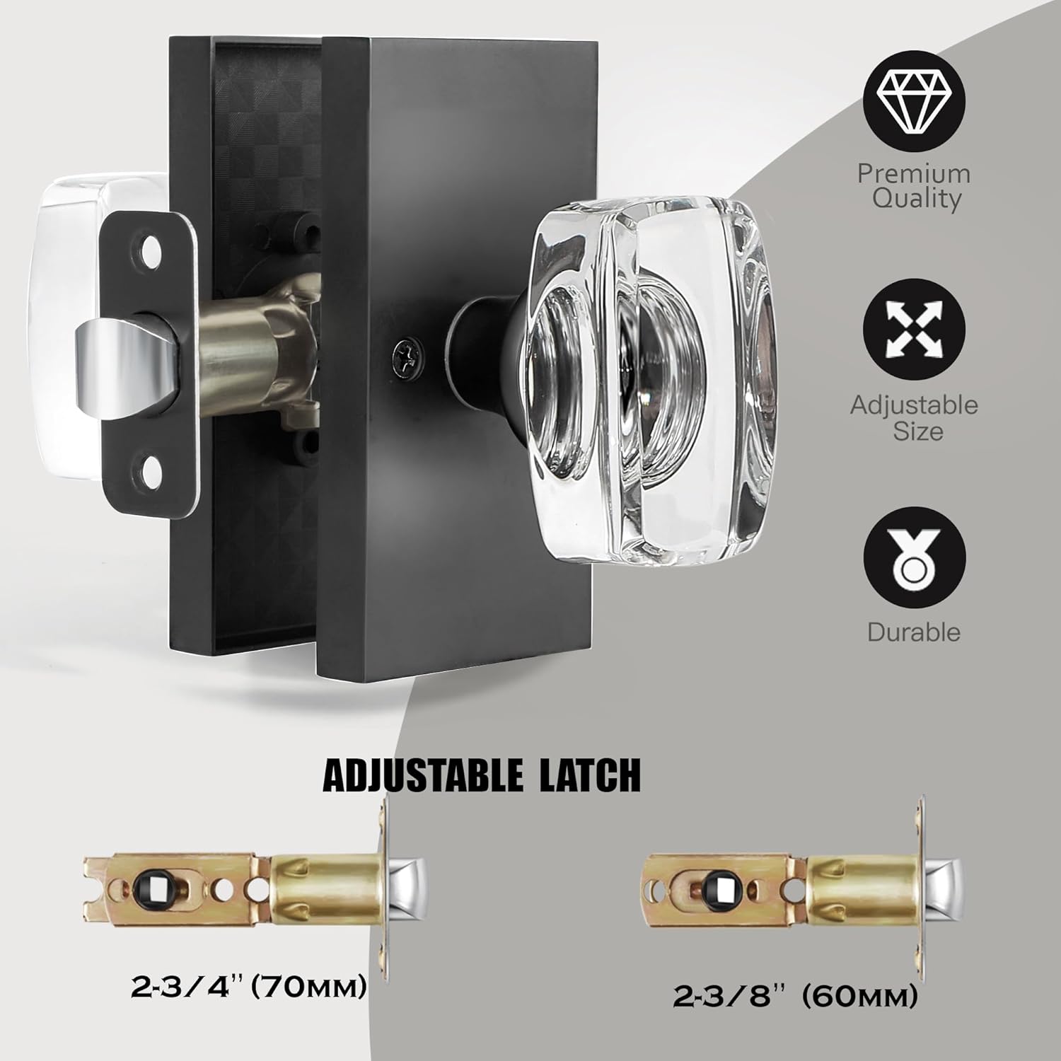 Modern Matte Black Crystal Glass Passage Door Knobs Interior for Closet Hallway with Heavy Duty Performance by HIEMEY