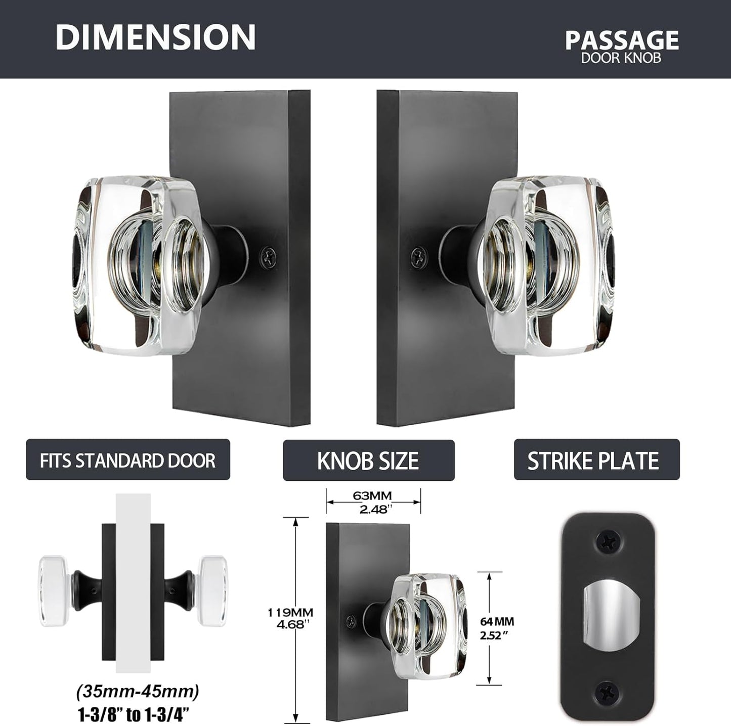 Modern Matte Black Crystal Glass Passage Door Knobs Interior for Closet Hallway with Heavy Duty Performance by HIEMEY