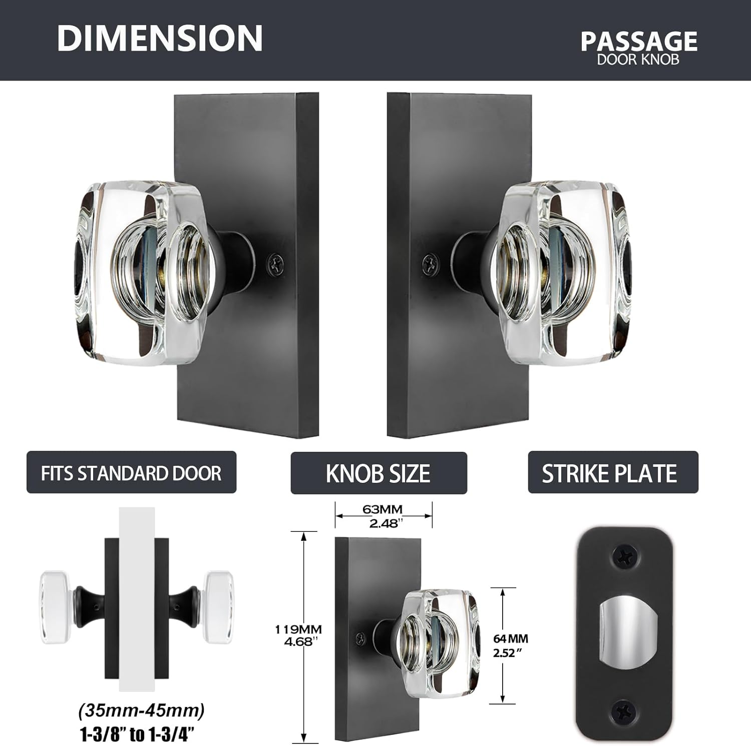 Modern Matte Black Crystal Glass Passage Door Knobs Interior for Closet Hallway with Heavy Duty Performance by HIEMEY