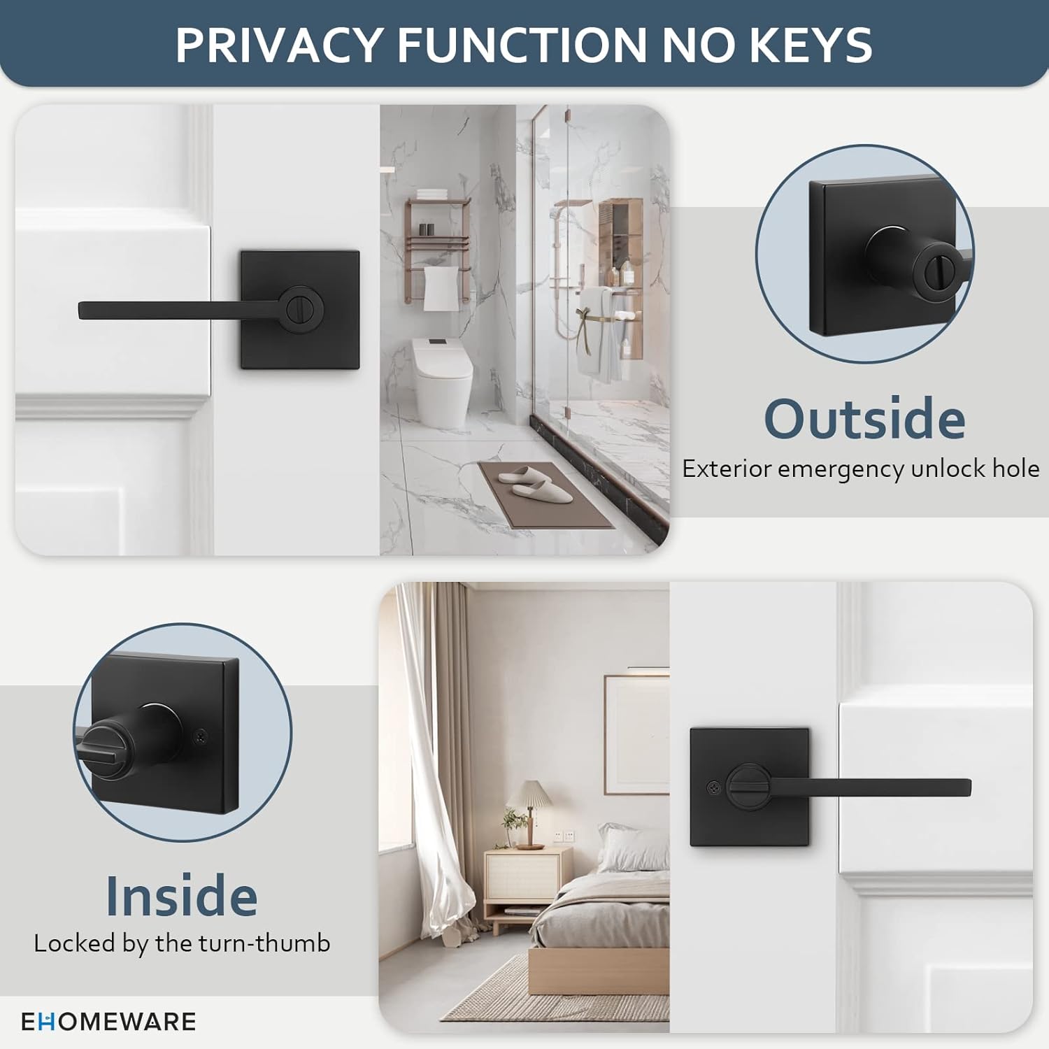 Modern Matte Black Privacy Door Knobs Set for Bedroom and Bathroom - Heavy Duty Interior Door Handles with Keyless Entry