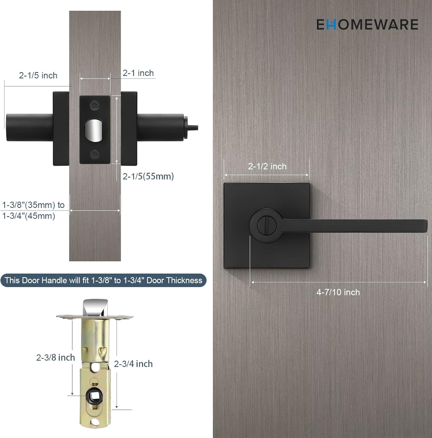 Modern Matte Black Privacy Door Knobs Set for Bedroom and Bathroom - Heavy Duty Interior Door Handles with Keyless Entry