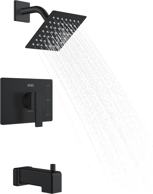 Modern Matte Black Shower Faucet and Tub Trim Kit with Single-Spray Square Black Rain Shower Head - Includes Shower Valve