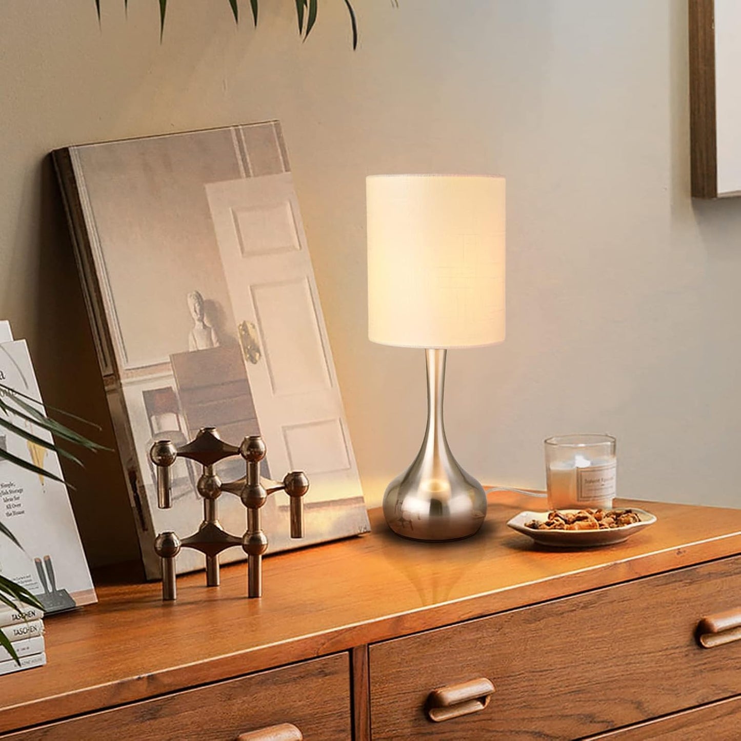 Modern Small Desk Lamp with Silver Metal Base and White Linen Shade - Perfect for Bedroom, Living Room, Office - 17.3" Table Lamp