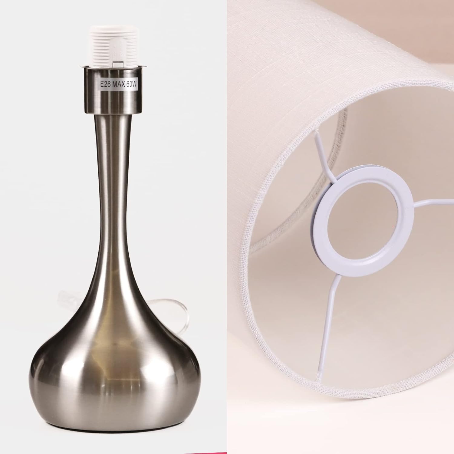 Modern Small Desk Lamp with Silver Metal Base and White Linen Shade - Perfect for Bedroom, Living Room, Office - 17.3" Table Lamp